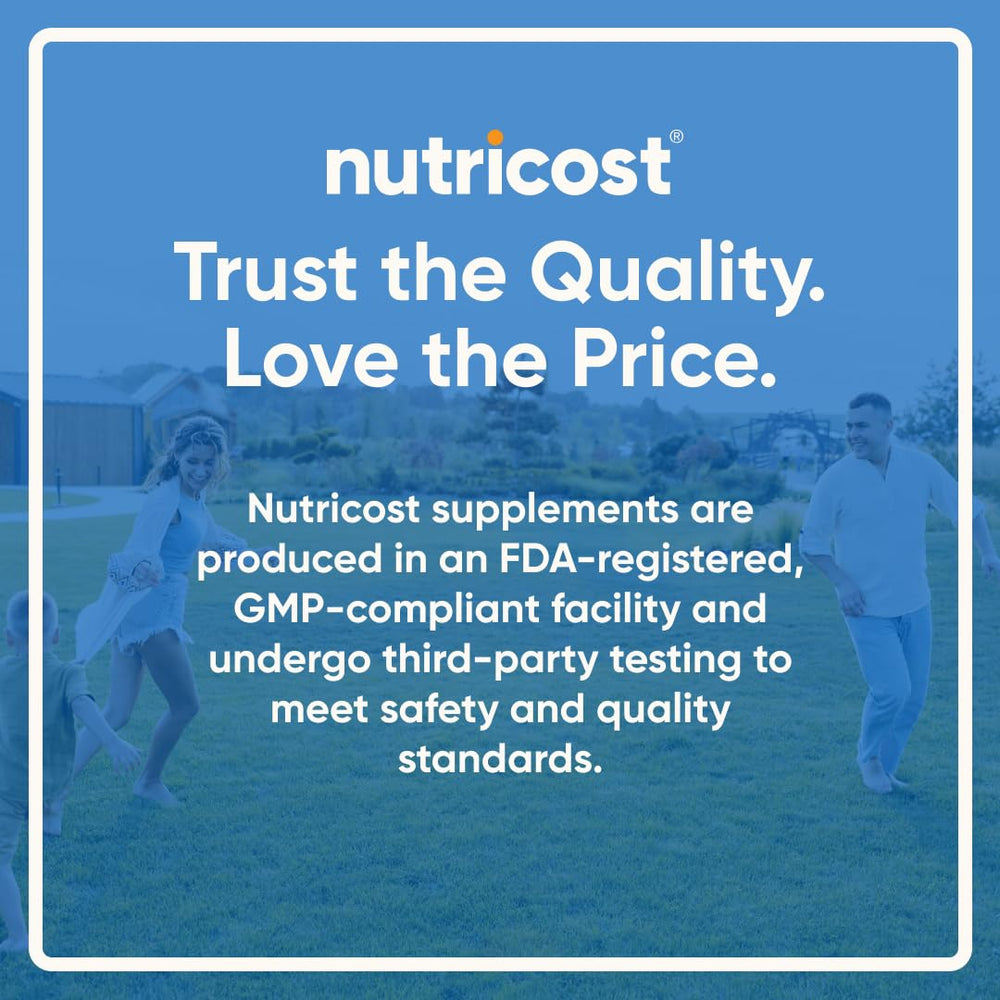 Nutricost comparación de tamaño del frasco junto a objetos comunes