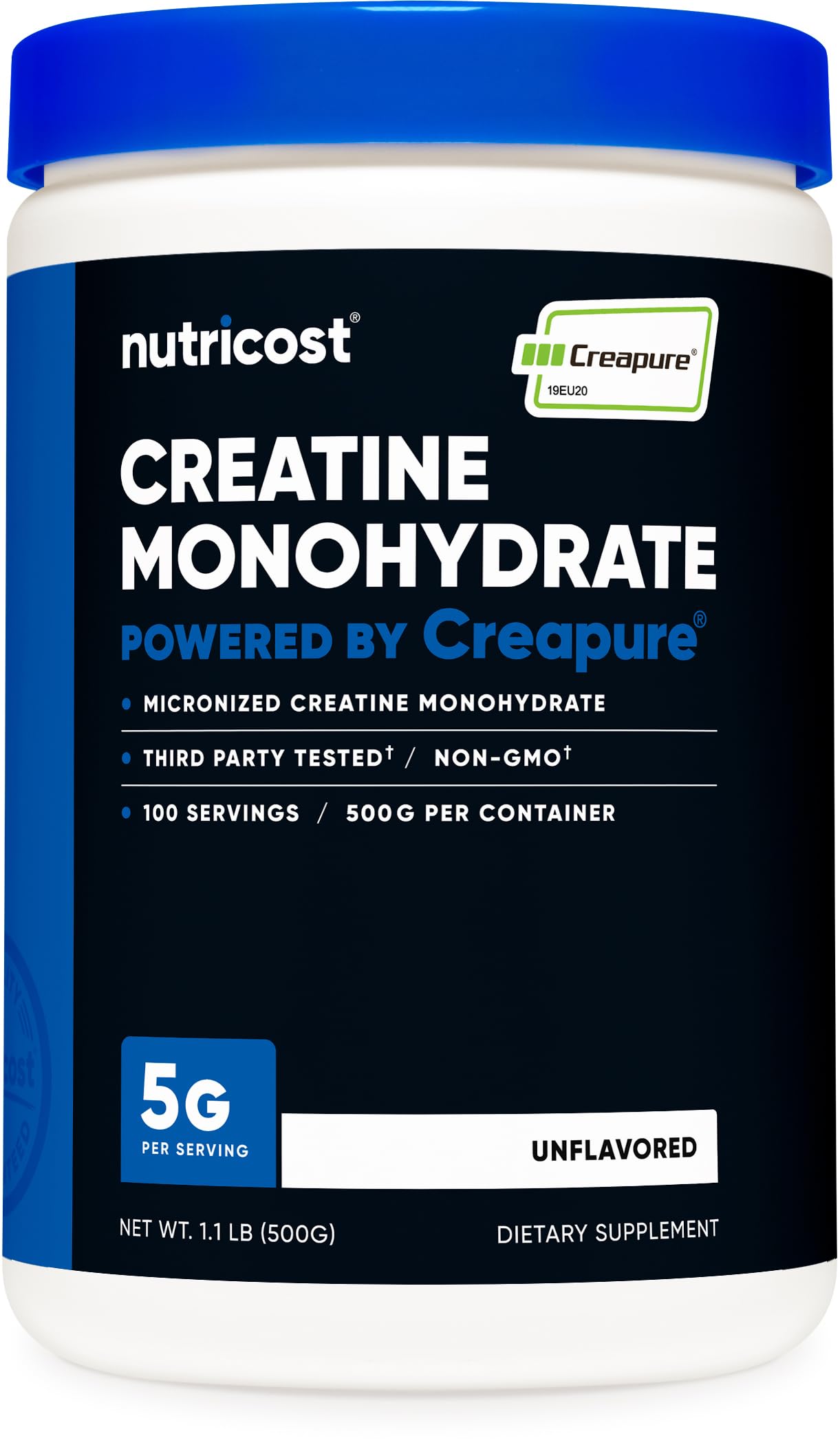 Nutricost Creapure envase frontal mostrando el tamaño y marca, claridad y confianza