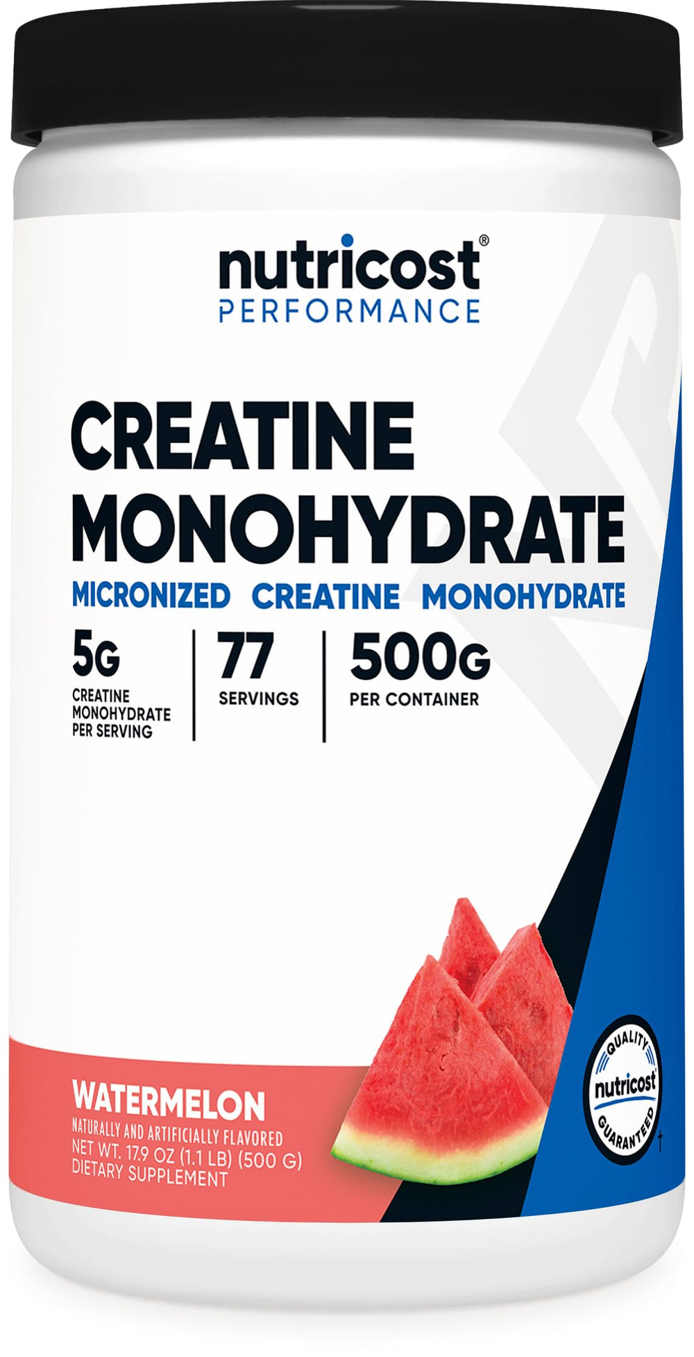 Nutricost Creatina monohidrato sandía vista frontal con beneficio de fácil identificación