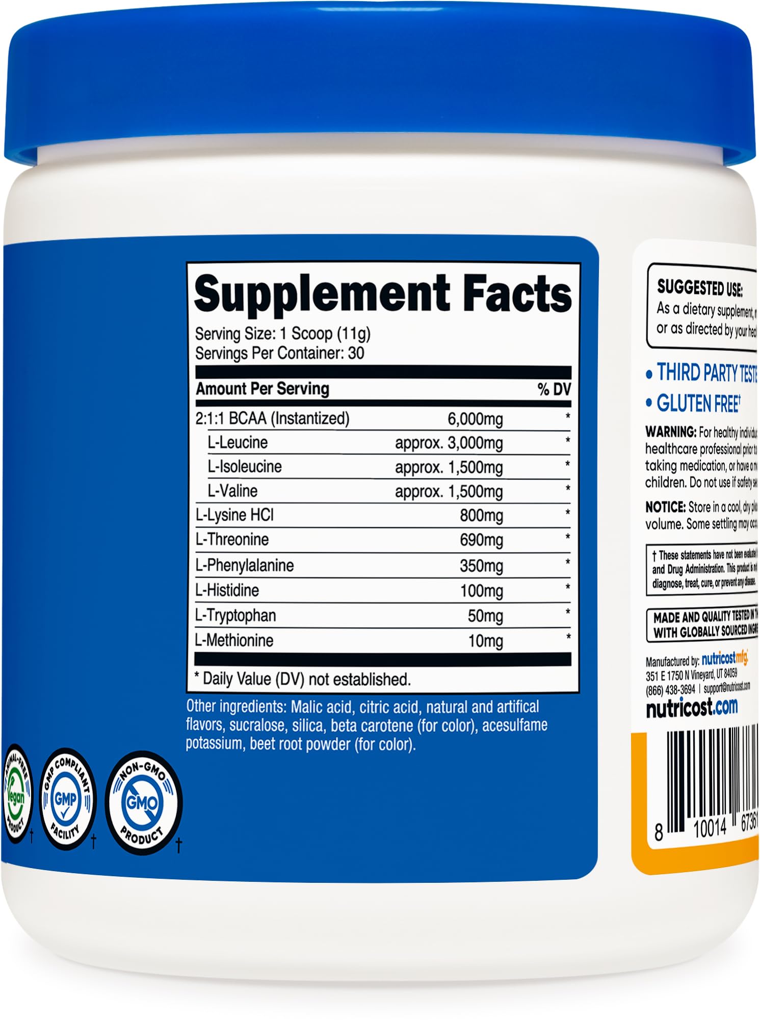 Nutricost etiqueta nutricional y lista de aminoácidos garantía de calidad