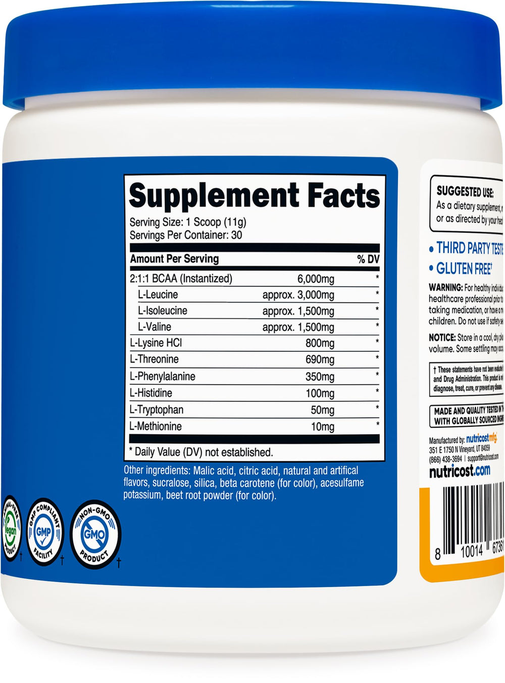 Nutricost etiqueta nutricional y lista de aminoácidos garantía de calidad