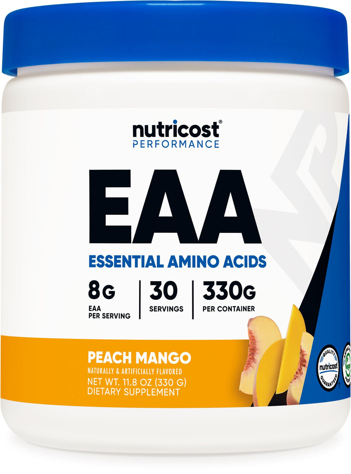 Nutricost envase frontal Peach Mango muestra 30 servicios y 8 g EAAs