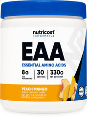 Nutricost envase frontal Peach Mango muestra 30 servicios y 8 g EAAs