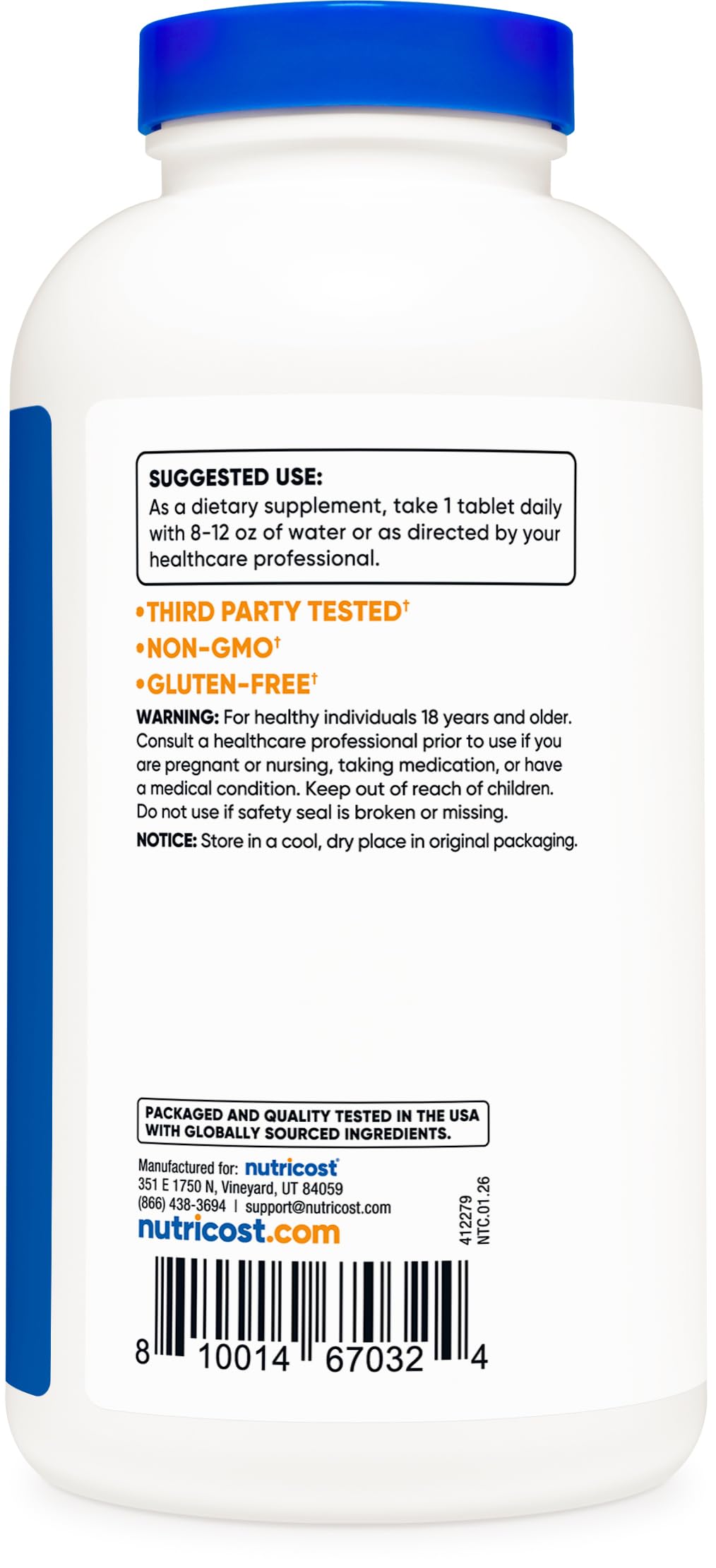 Nutricost etiqueta del envase legible con información de 1000 mg por tableta