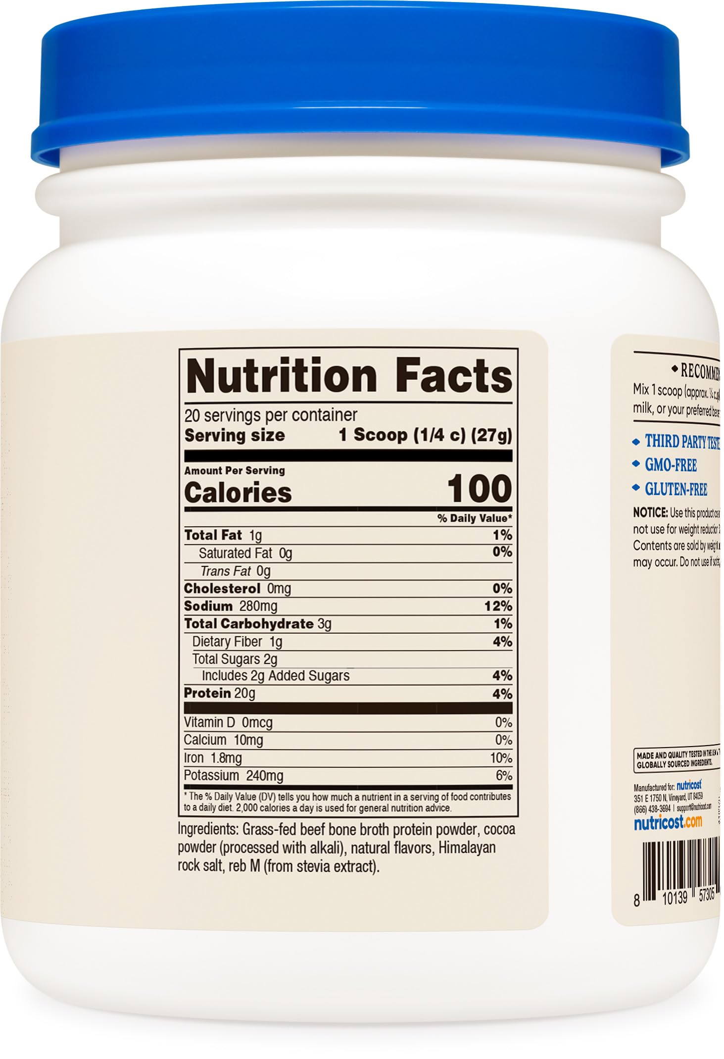 Nutricost etiqueta con certificaciones GMP y sin OGM visibles