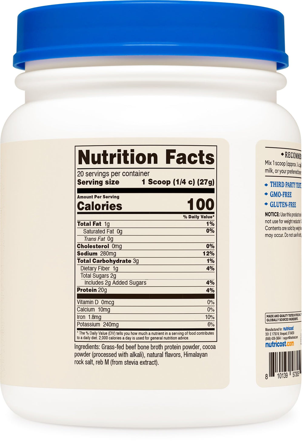 Nutricost etiqueta con certificaciones GMP y sin OGM visibles