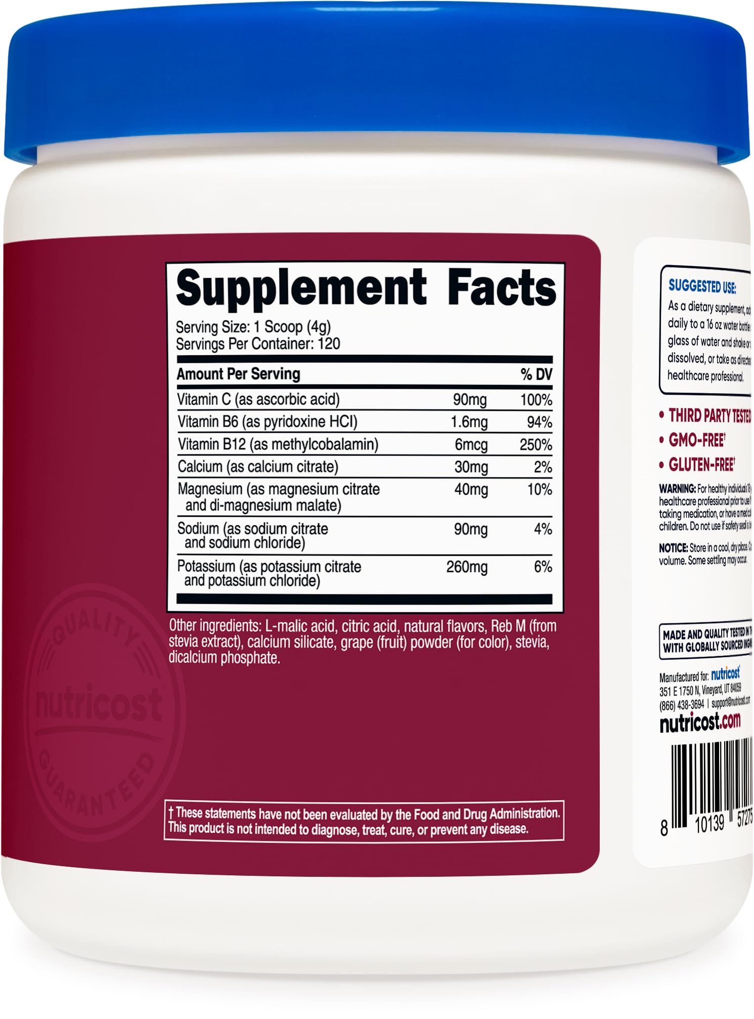 Nutricost etiqueta con lista de ingredientes y certificaciones de calidad