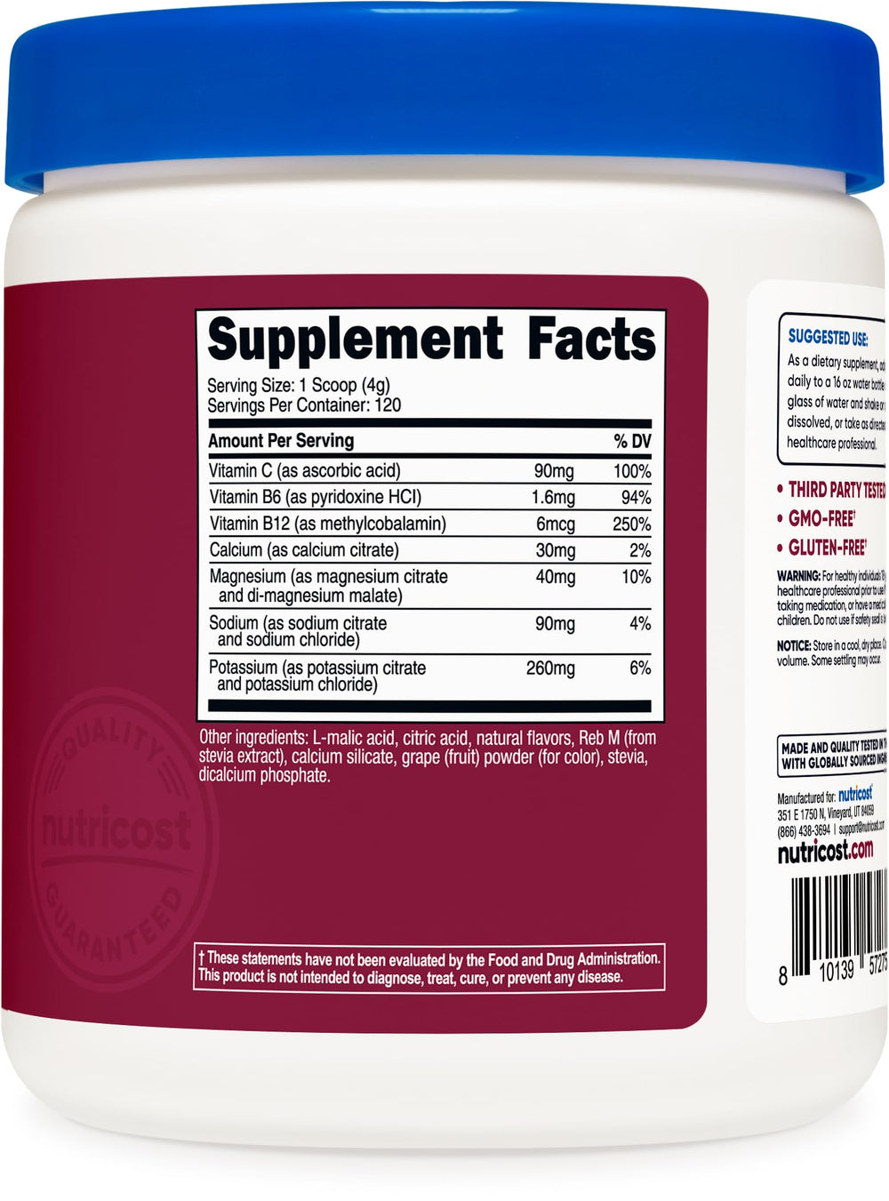 Nutricost etiqueta con lista de ingredientes y certificaciones de calidad