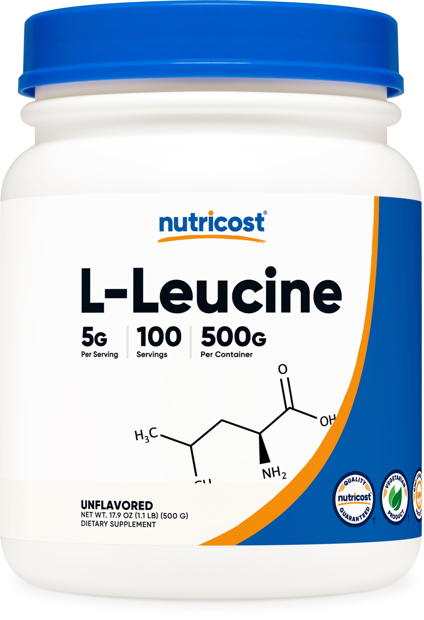 Nutricost frente del envase de L-Leucine 500 g mostrando presentación clara