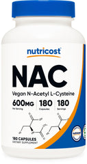 Nutricost frasco frontal mostrando 600 mg y 180 cápsulas, confianza de calidad