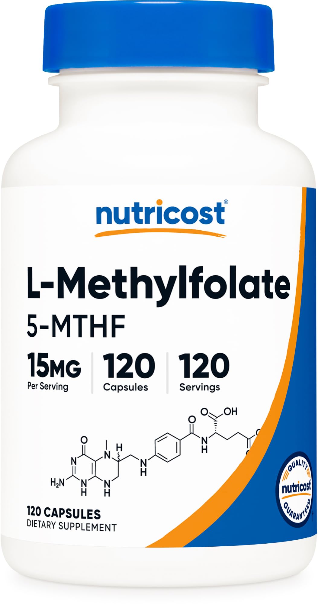Nutricost envase frontal L‑Methylfolate mostrando marca y beneficio de pureza