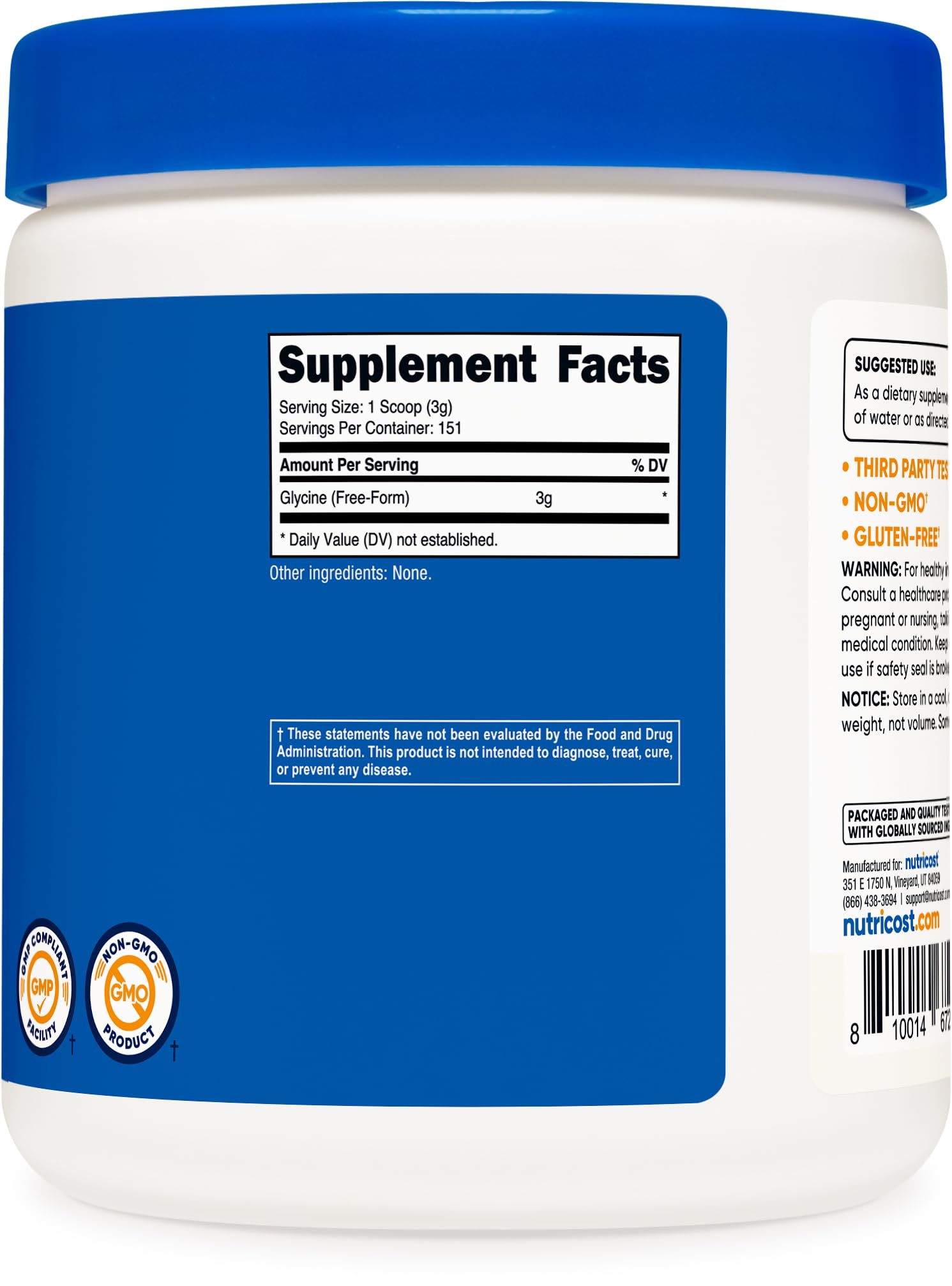 Nutricost envase junto a regla para comparar el tamaño del frasco