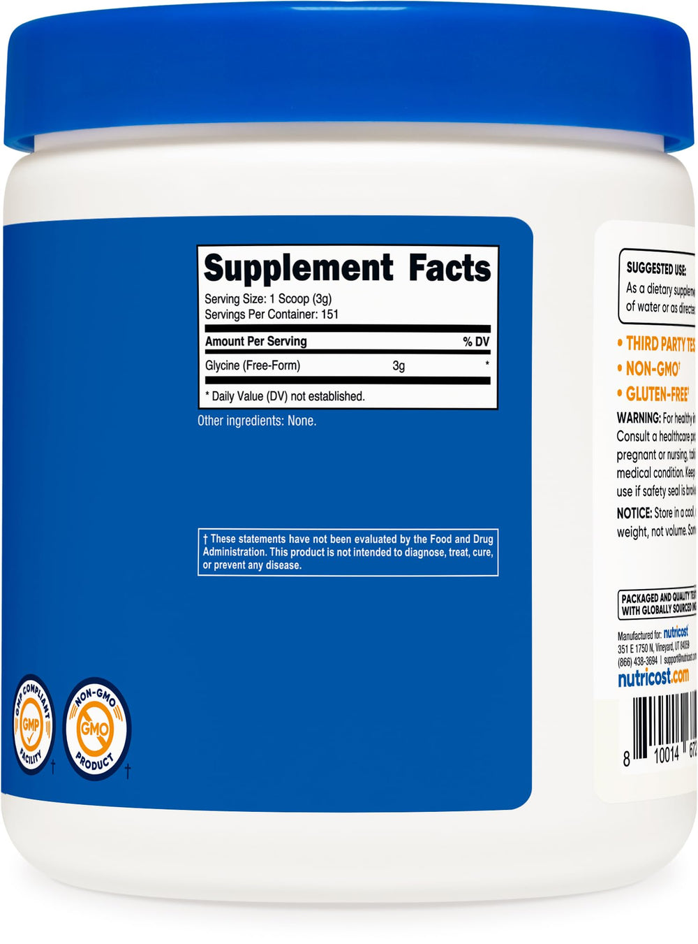 Nutricost envase junto a regla para comparar el tamaño del frasco