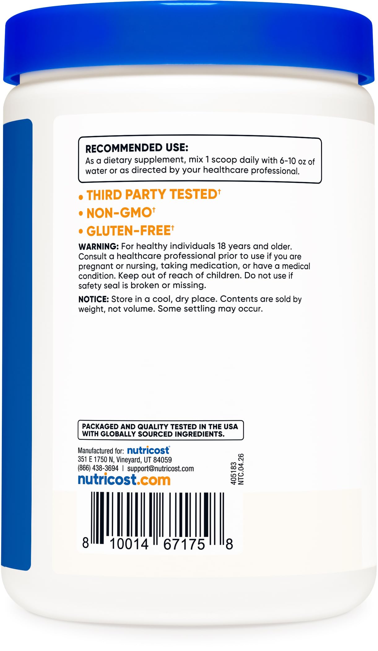 Nutricost etiqueta con datos nutricionales y certificaciones visibles