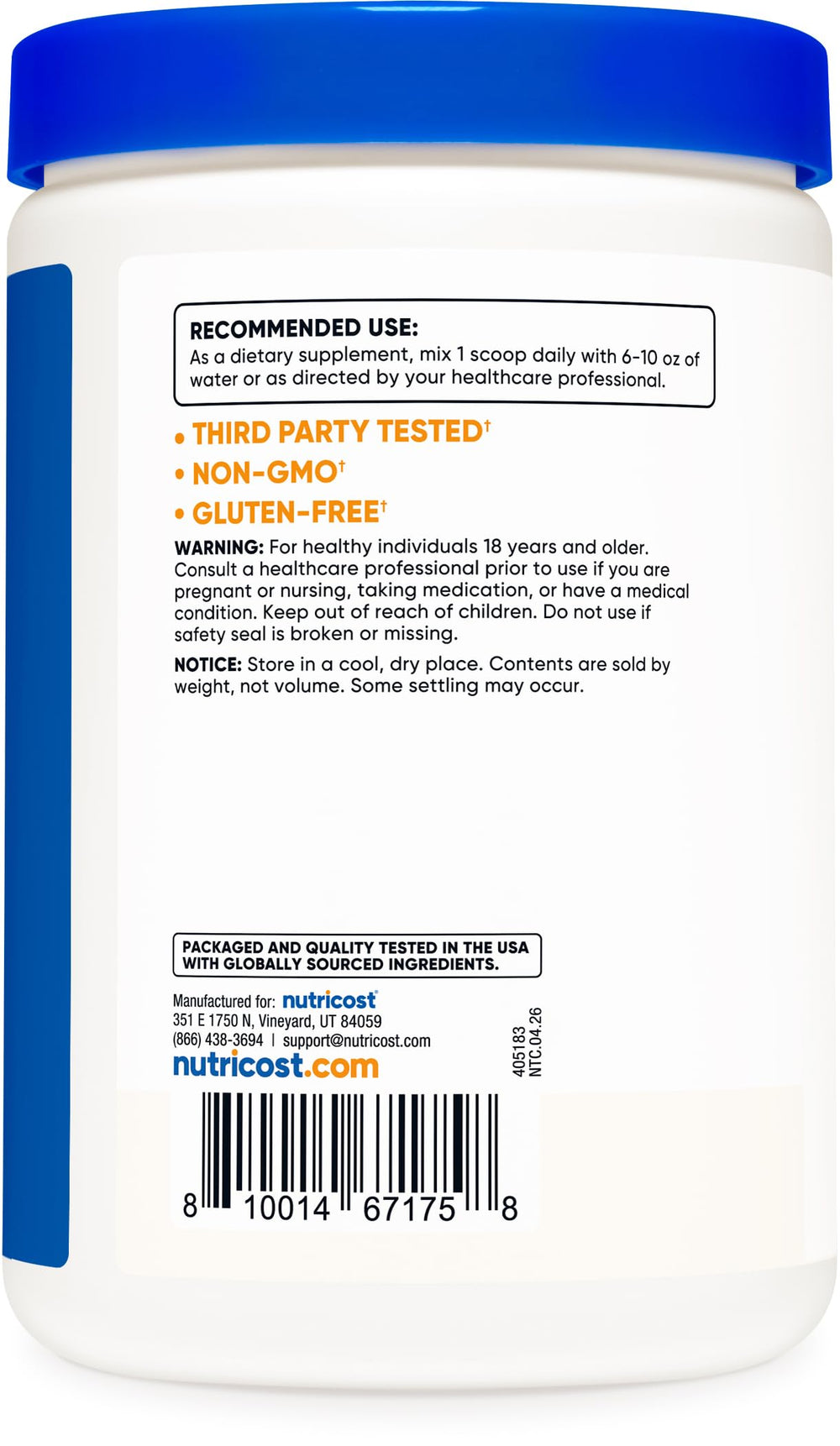 Nutricost etiqueta con datos nutricionales y certificaciones visibles