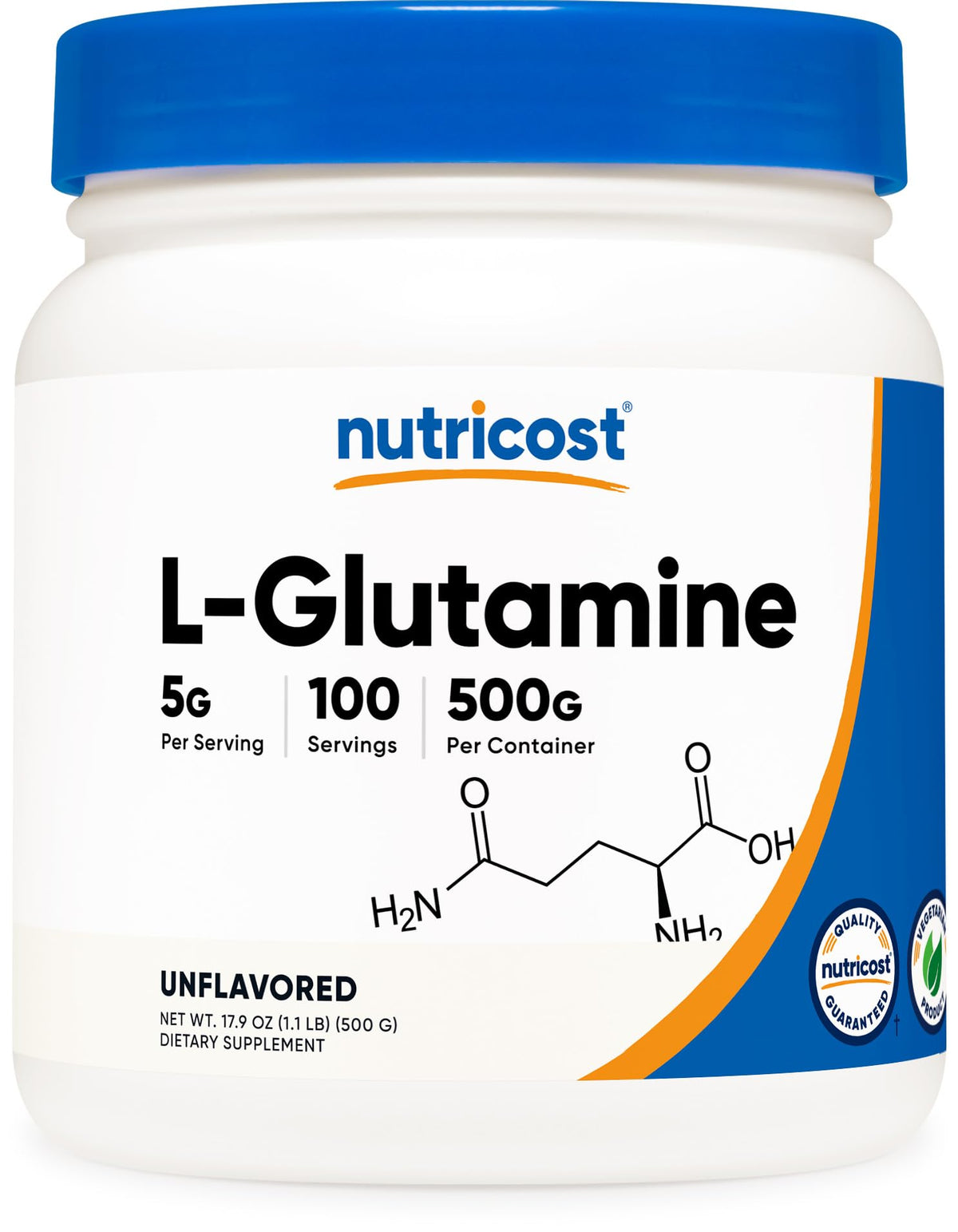 Nutricost envase frontal L-Glutamine mostrando diseño y tamaño, claridad de marca y dosificación