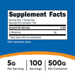 Nutricost primer plano del polvo de L-Glutamine destacando textura fina y mezcla fácil