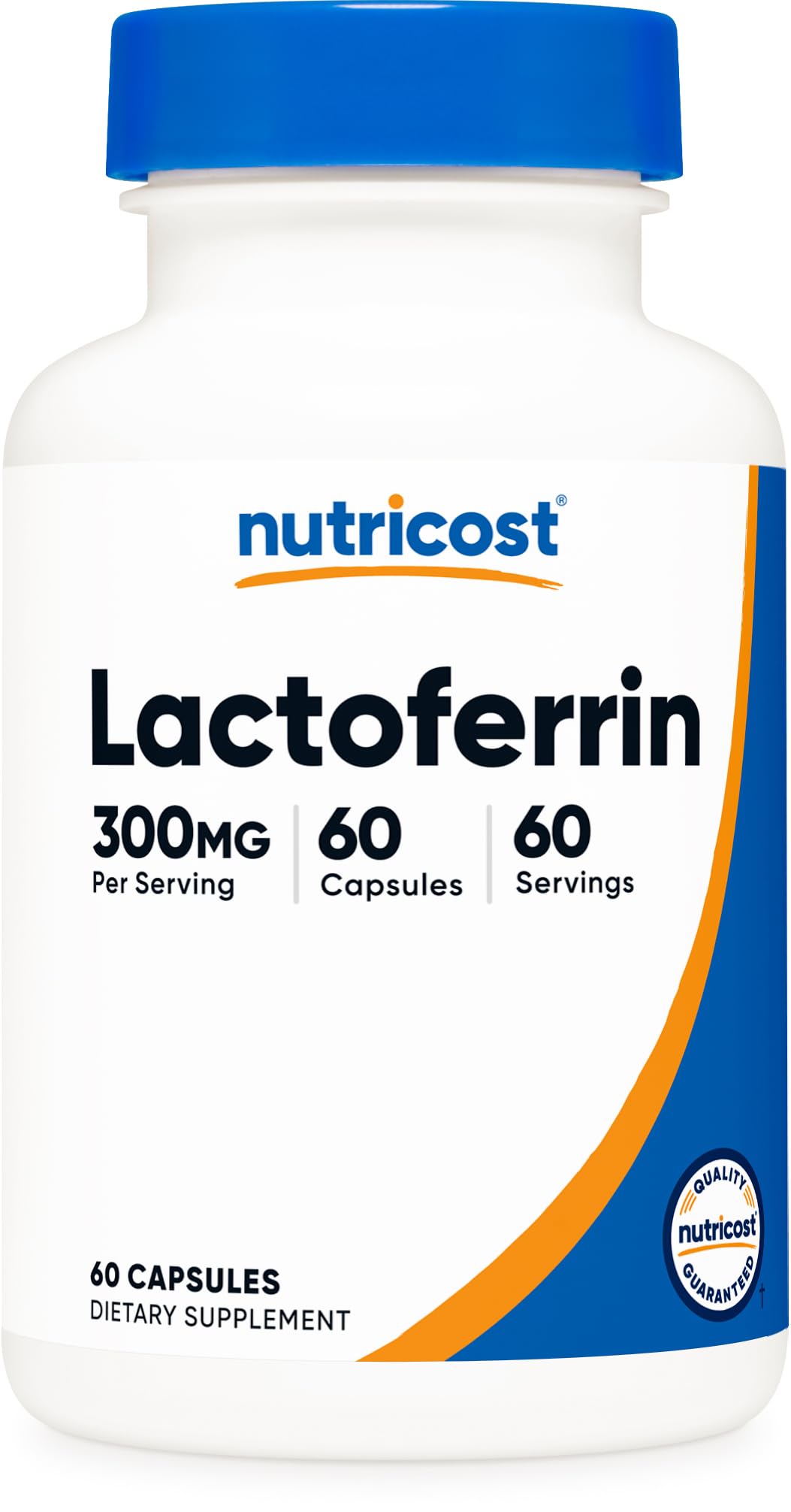 Nutricost lactoferrin vista frontal del frasco que muestra etiqueta clara y beneficios