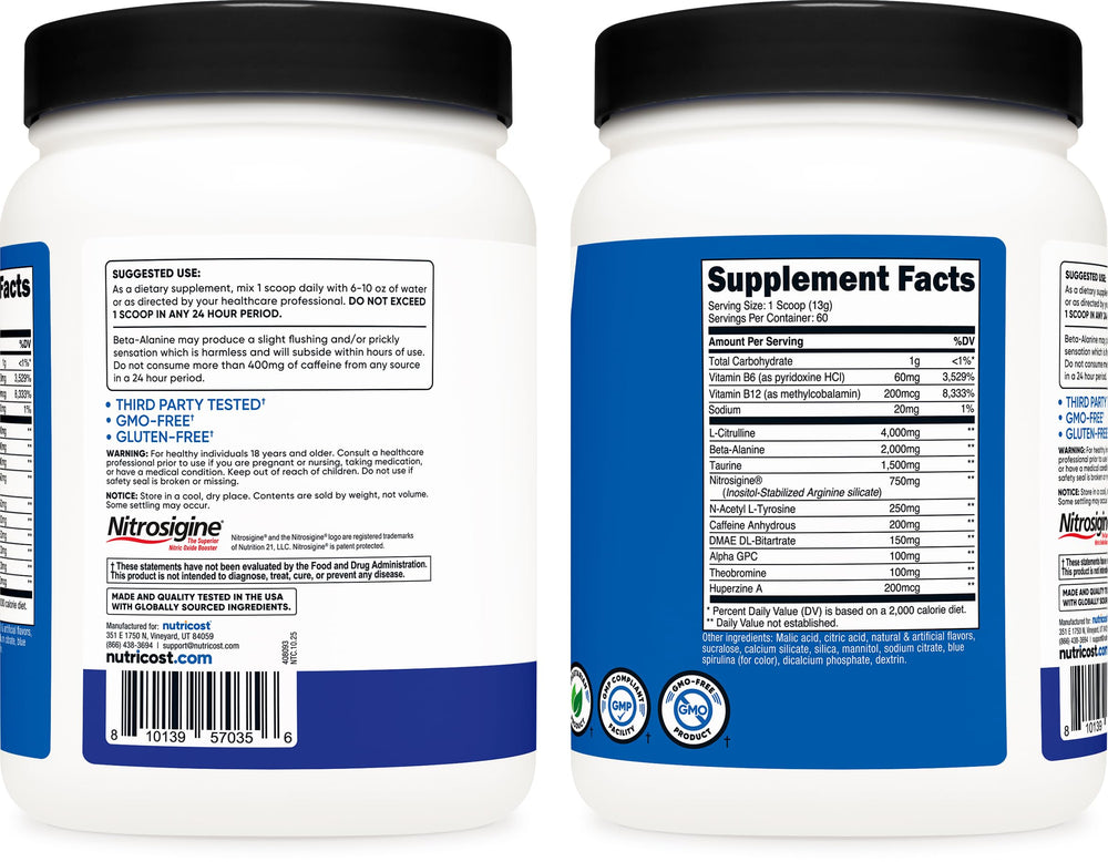 Nutricost mixed drink in glass showing vivid blue raspberry flavor and easy drinking