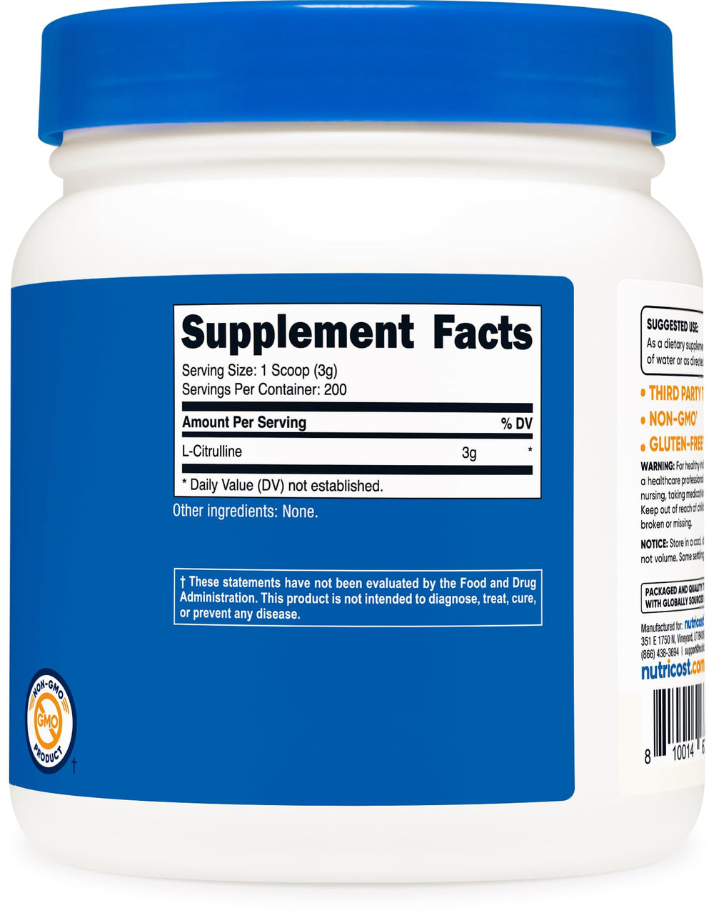 Nutricost jar beside a scale showing 600 g size for value and long-term supply