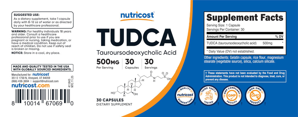 Nutricost Tudca comparación de tamaño con moneda para escala