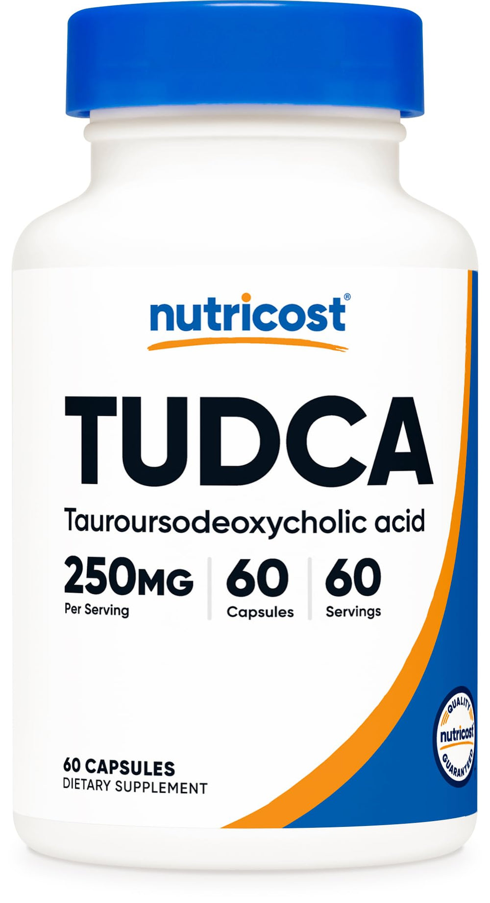 Nutricost Tudca vista frontal del frasco con etiqueta legible y beneficio de dosificación clara