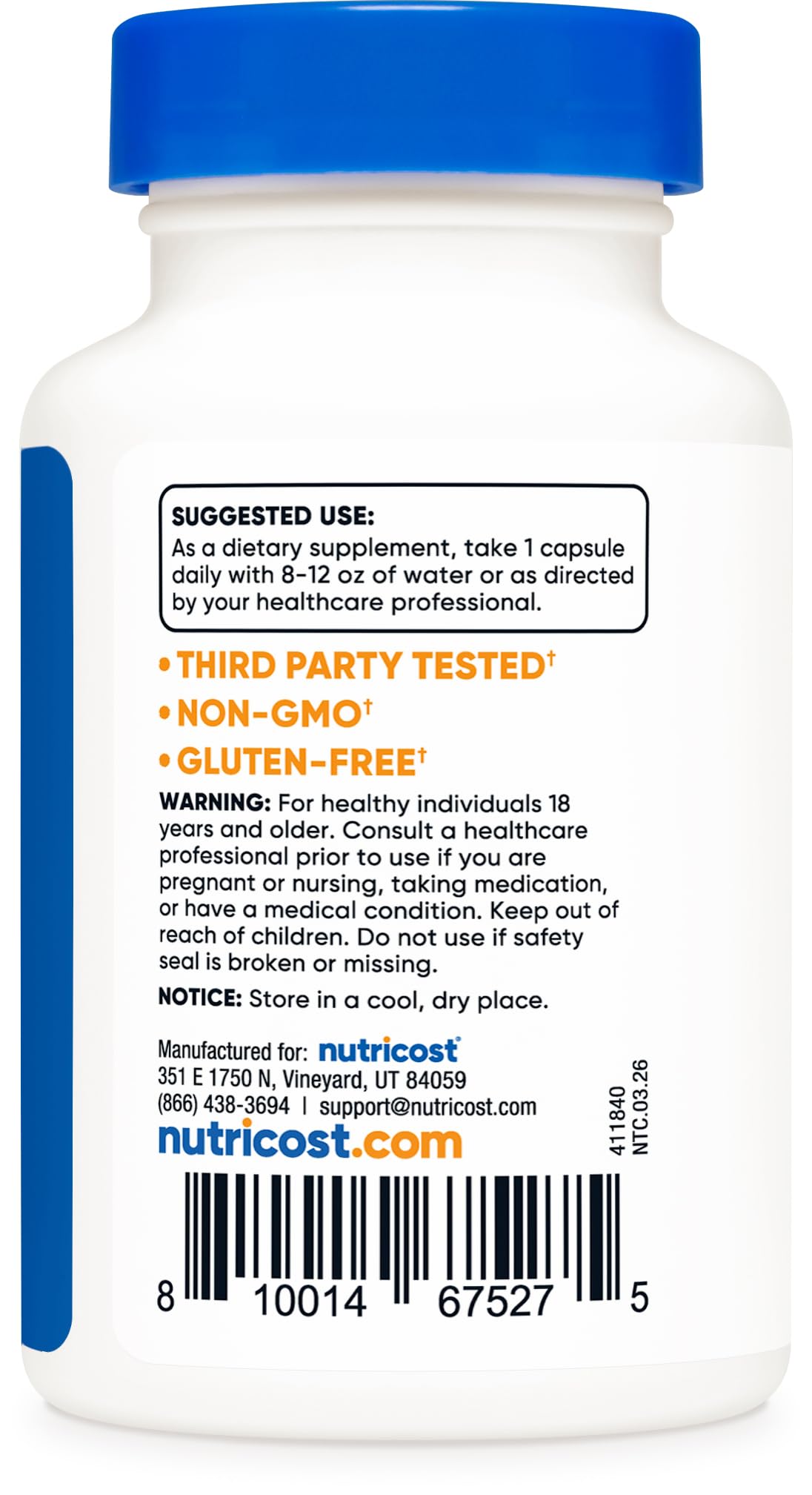 Nutricost Tudca etiqueta con lista de ingredientes y beneficios de control de calidad