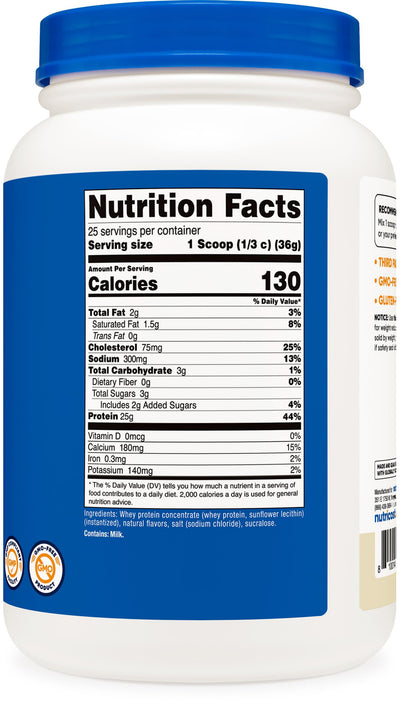 Nutricost scoop beside measuring cup showing serving size and 25g protein per scoop