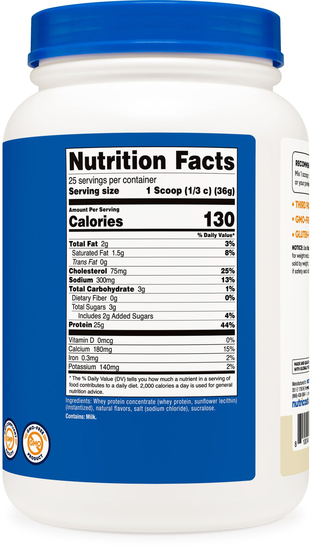 Nutricost scoop beside measuring cup showing serving size and 25g protein per scoop