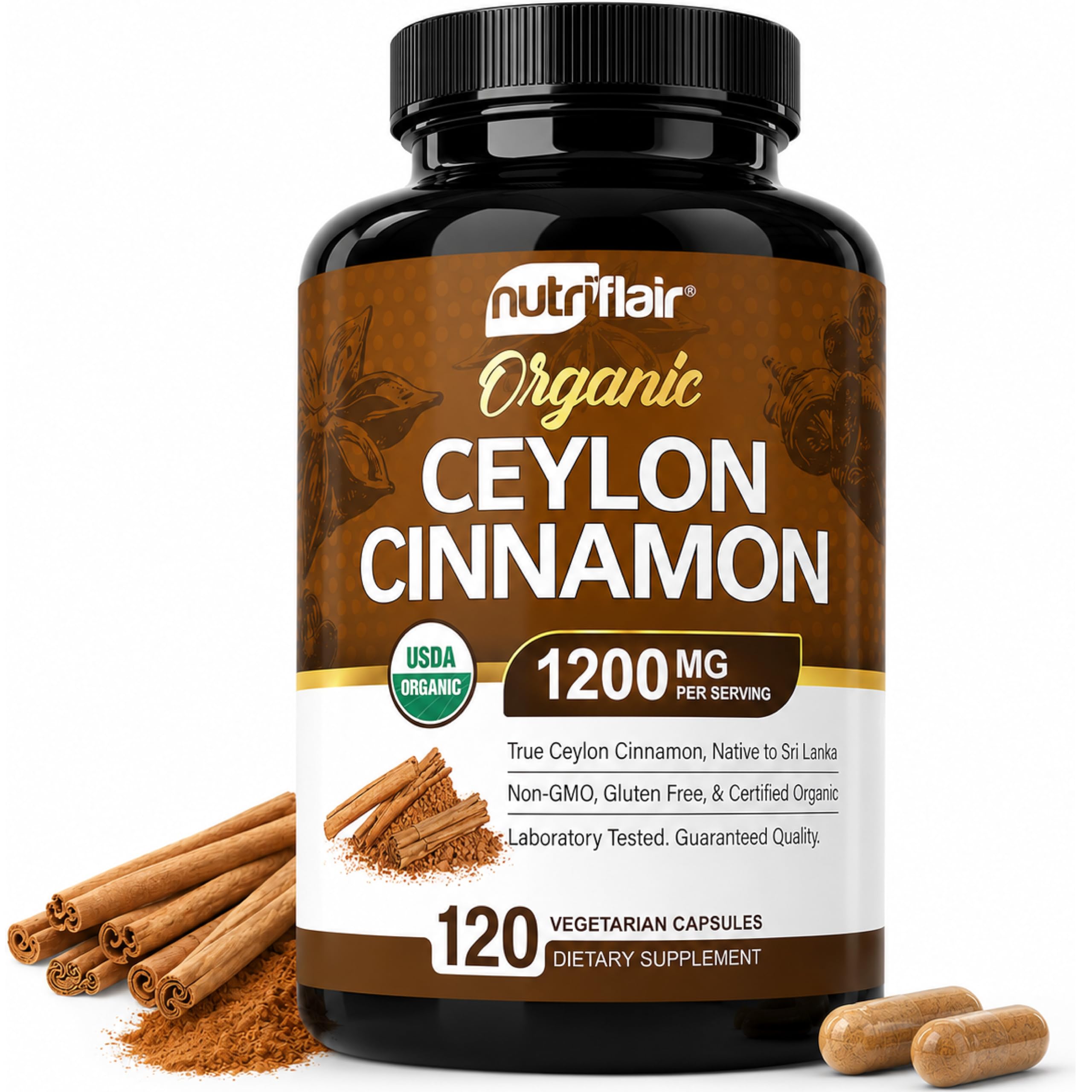 NutriFlair frasco frontal de canela Ceilán orgánica mostrando etiqueta clara