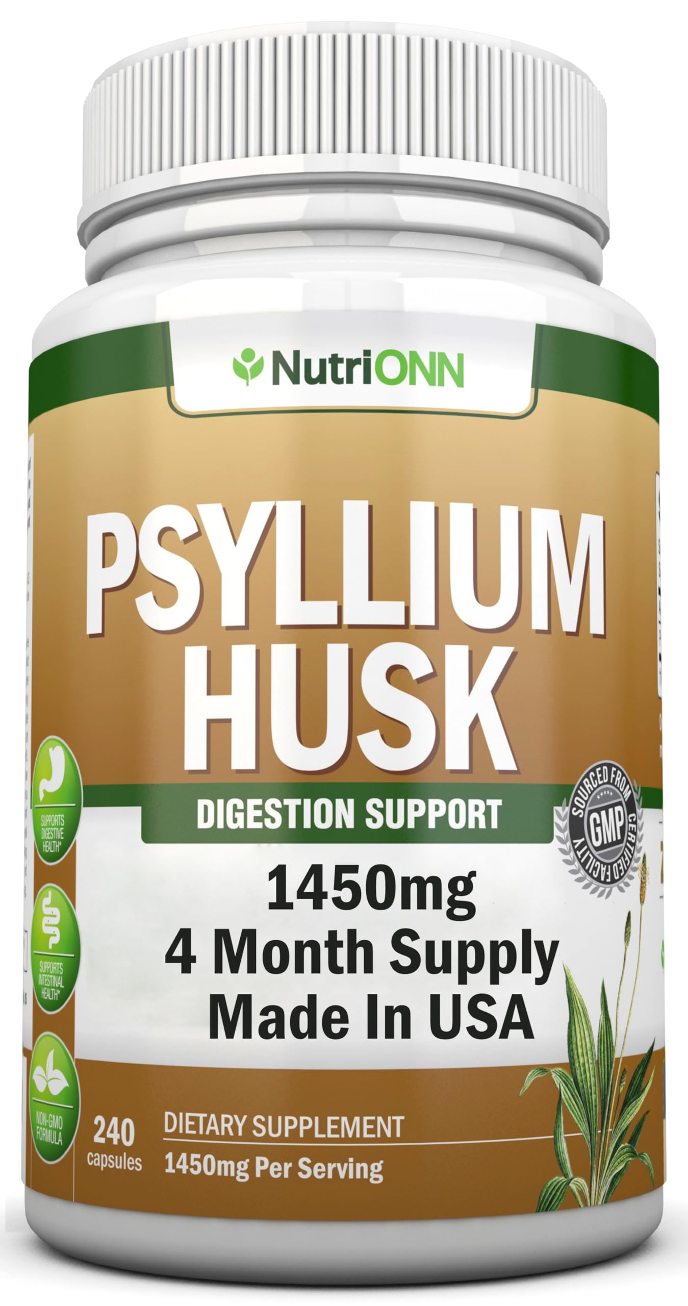 NutriONN frasco frontal de Psyllium Husk con información visible y confianza