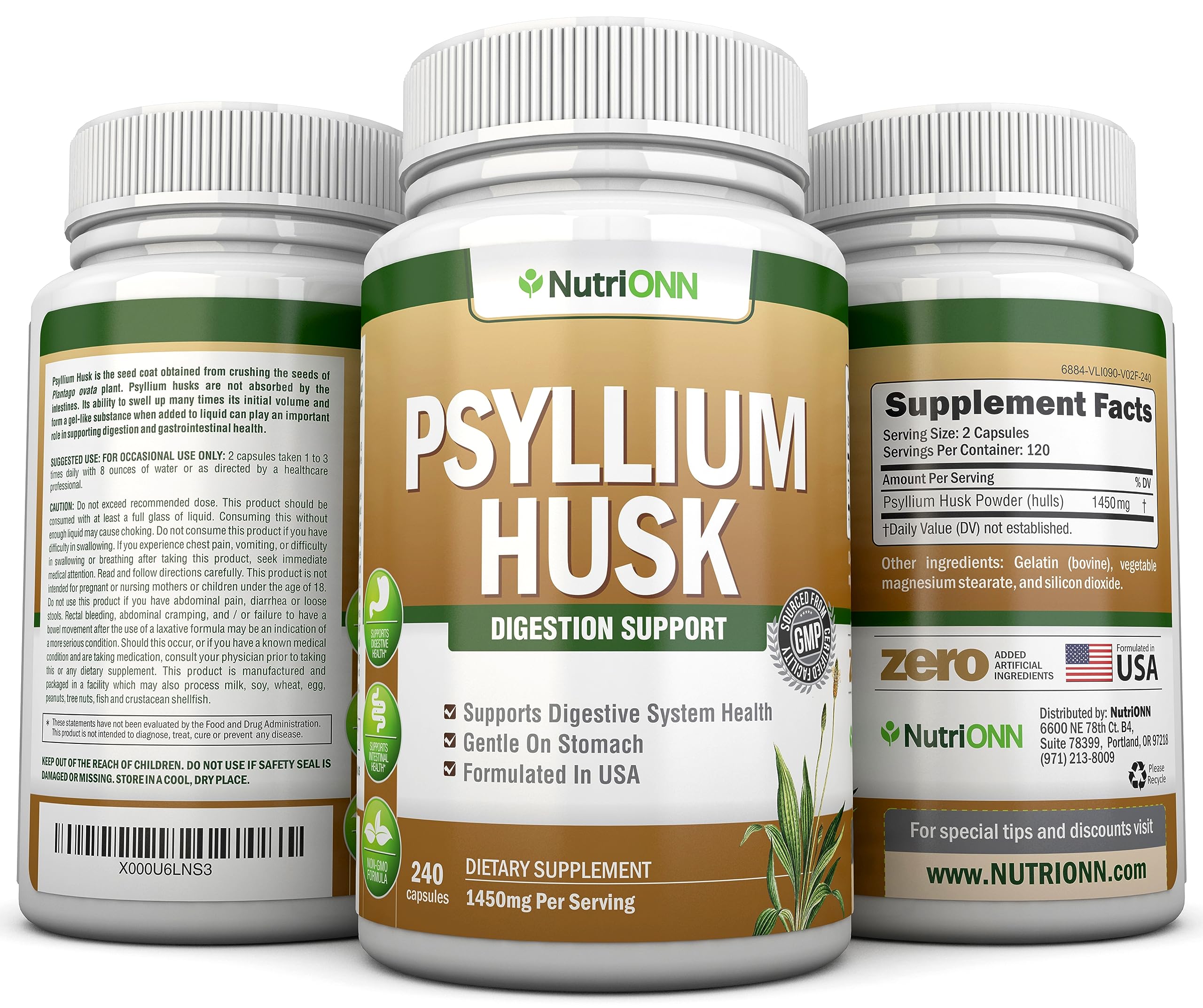 NutriONN cáscara de psyllium cruda destacando su origen natural