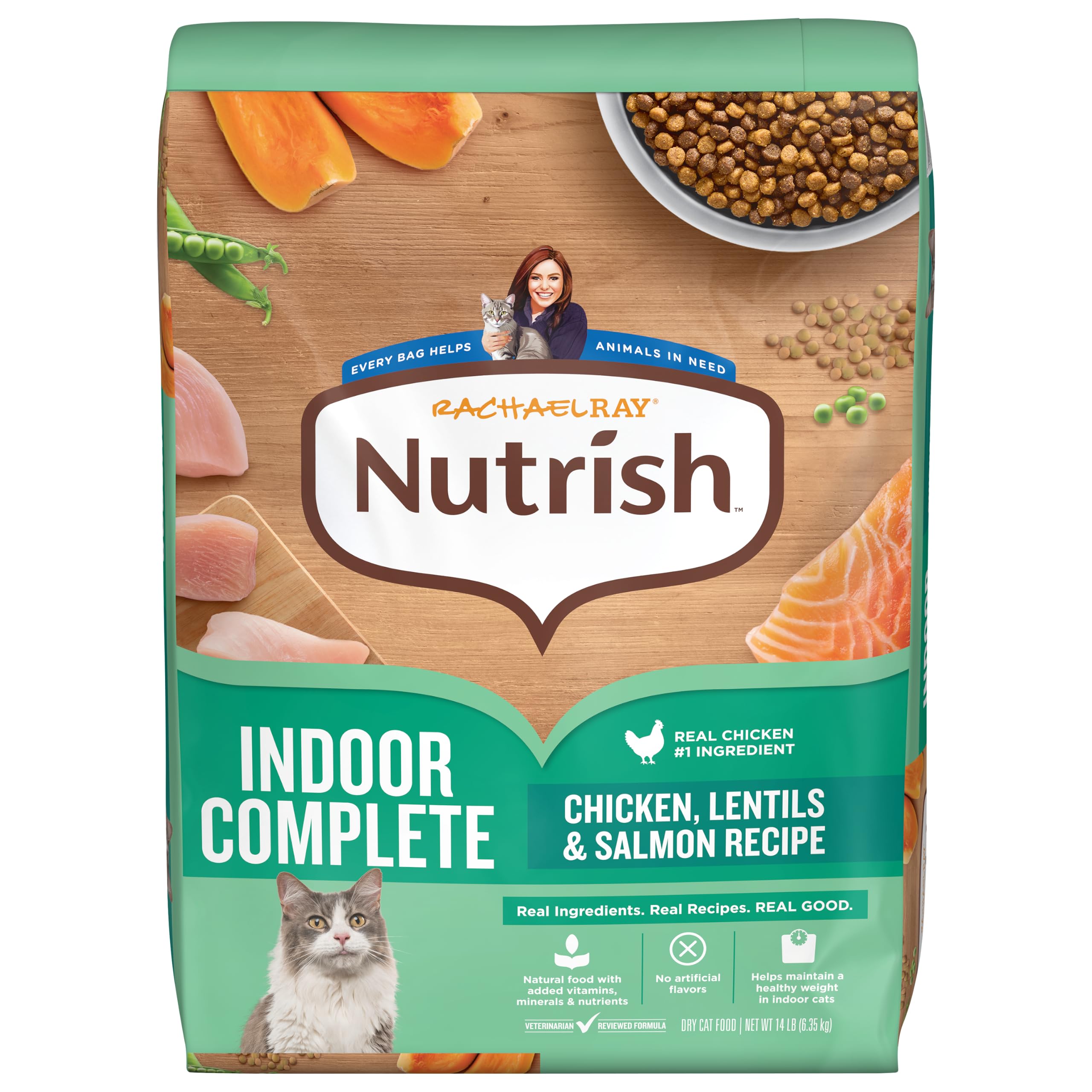 Nutrish bolsa frontal 14 lb mostrando etiqueta y beneficios