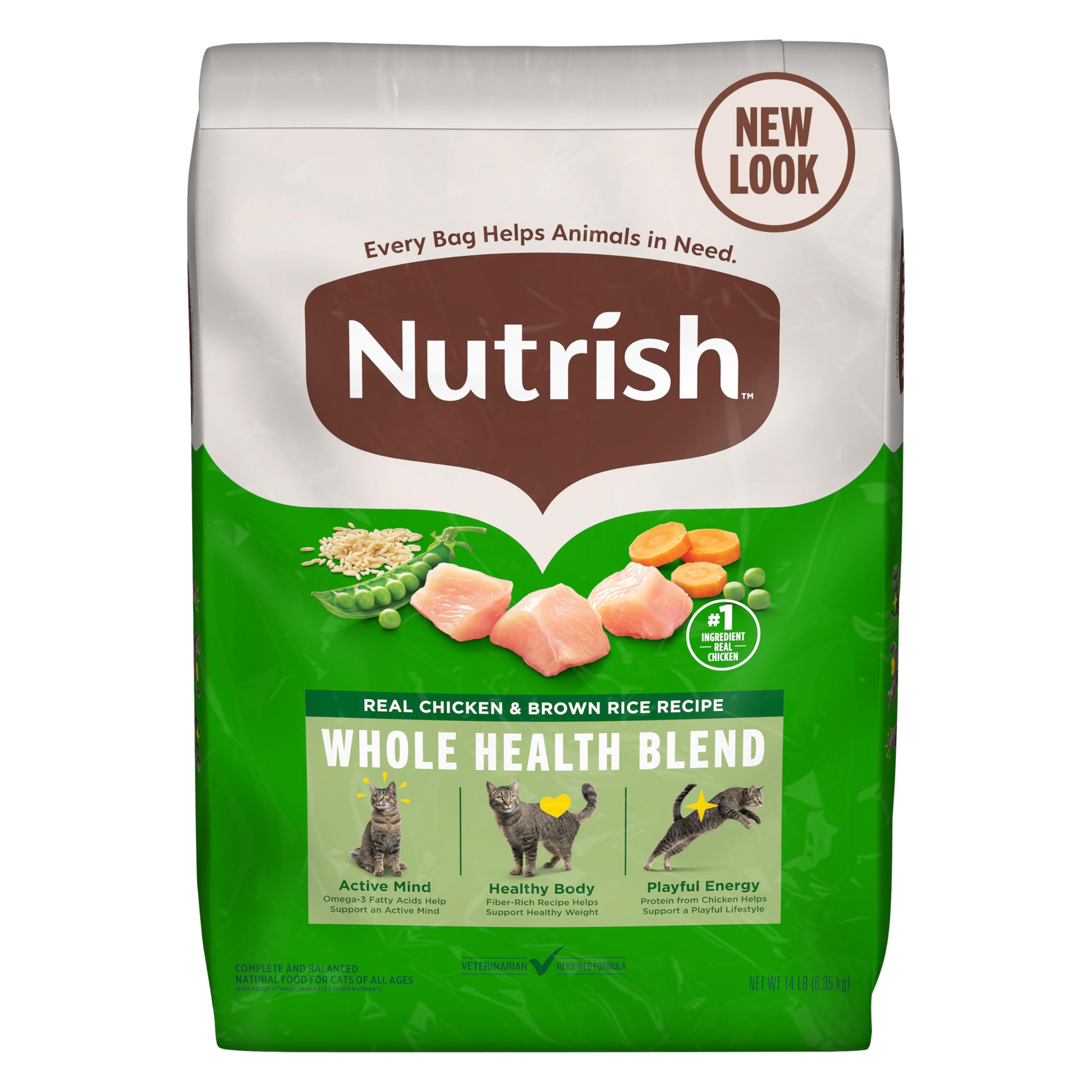 Nutrish saco frontal 14 lb mostrando diseño y beneficio nutricional