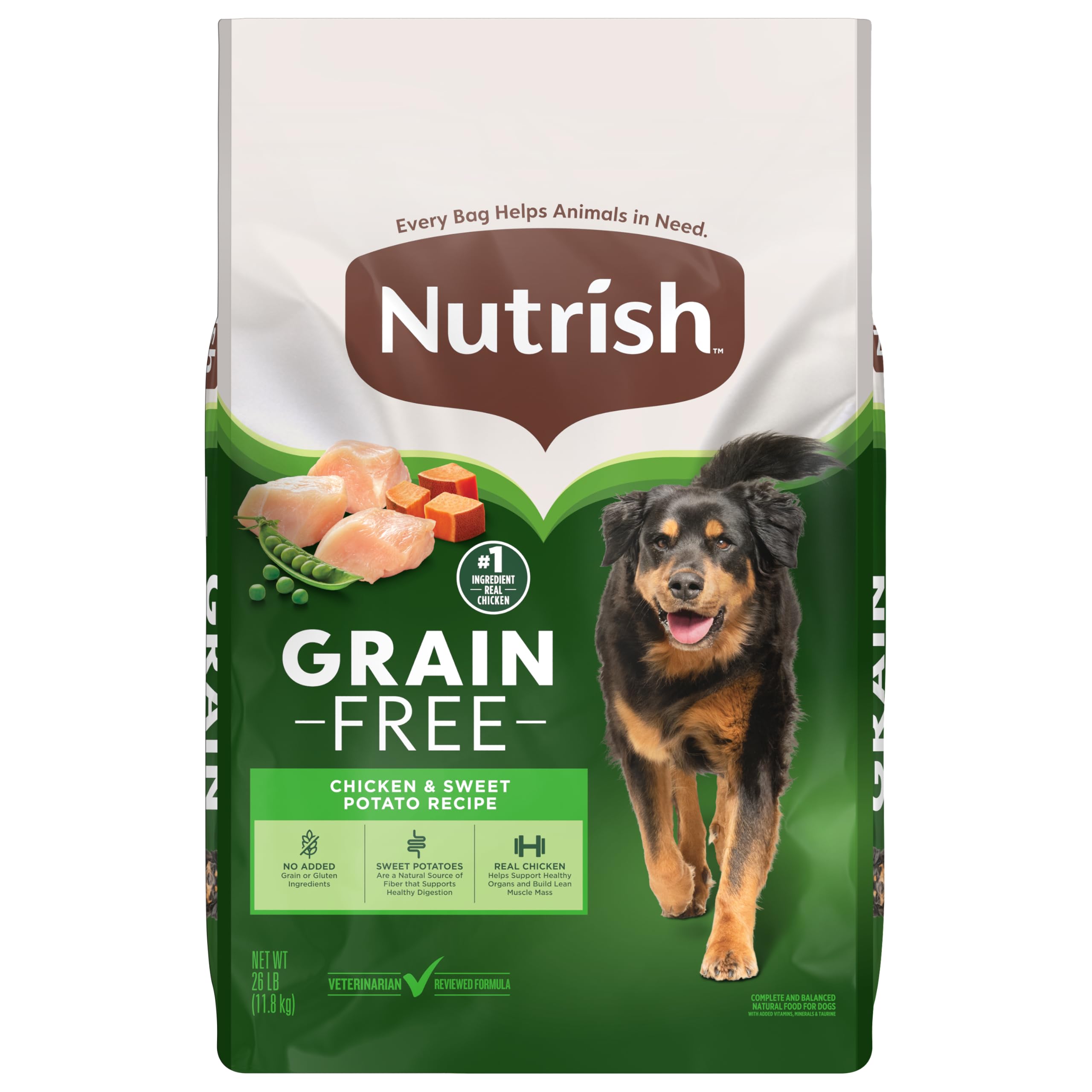 Nutrish empaque frontal 26 lb mostrando la receta sin granos