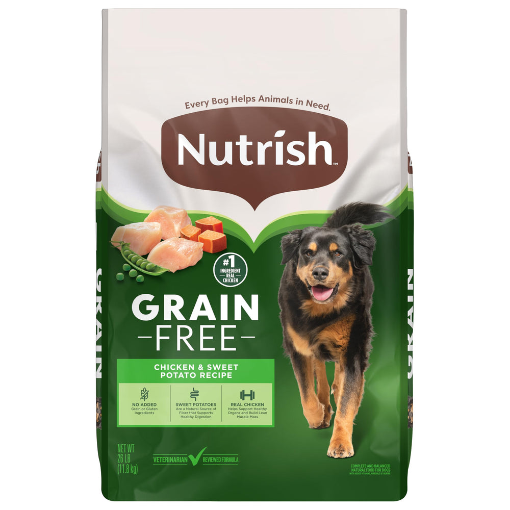 Nutrish empaque frontal 26 lb mostrando la receta sin granos