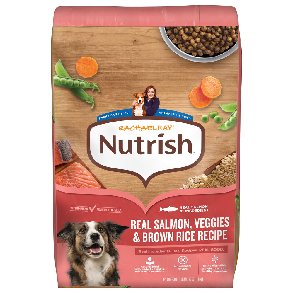 Nutrish salmón frente del empaque mostrando bolsa grande y beneficios