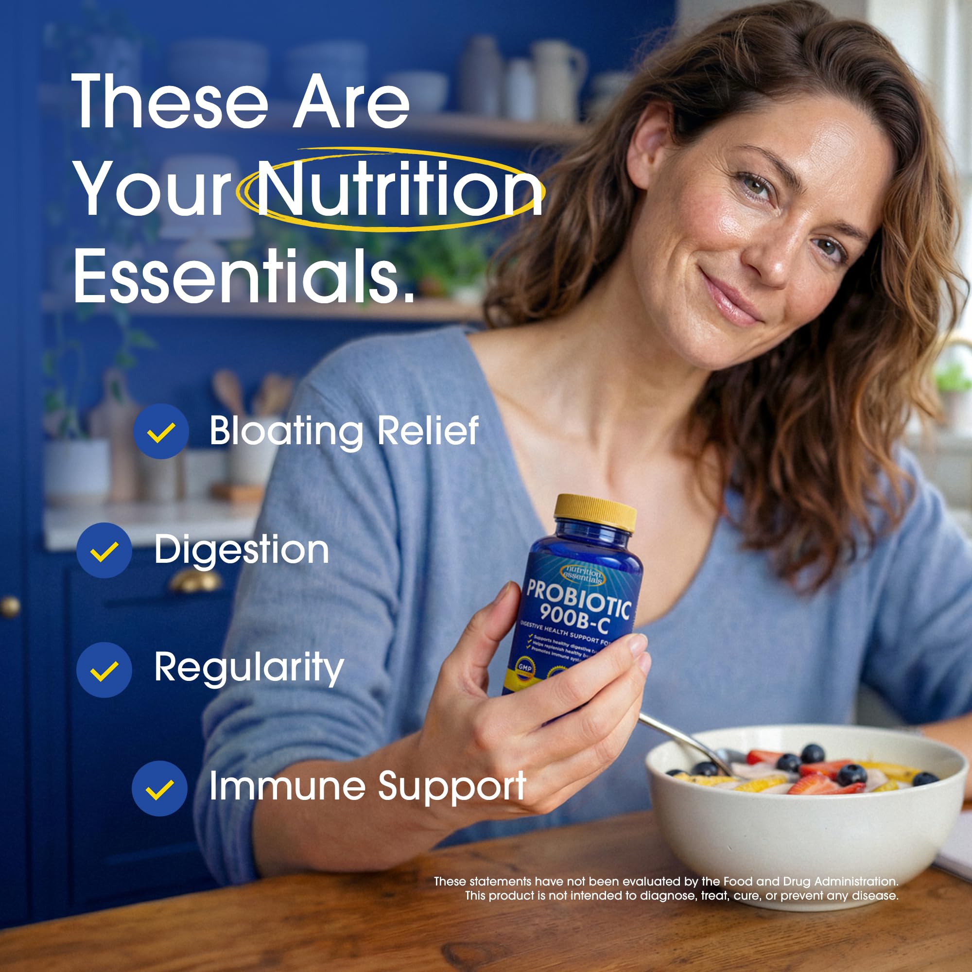 Nutrition Essentials frasco junto a un plato para ilustrar uso con comidas