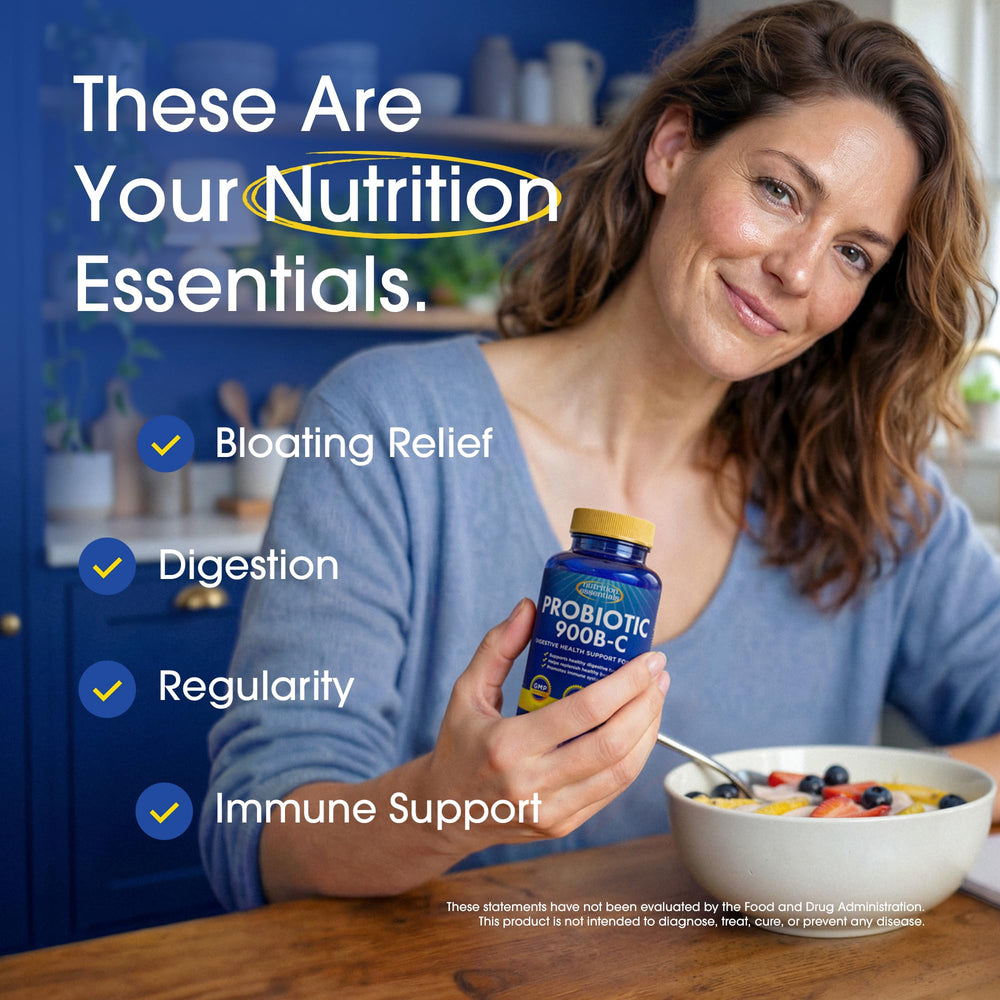 Nutrition Essentials frasco junto a un plato para ilustrar uso con comidas