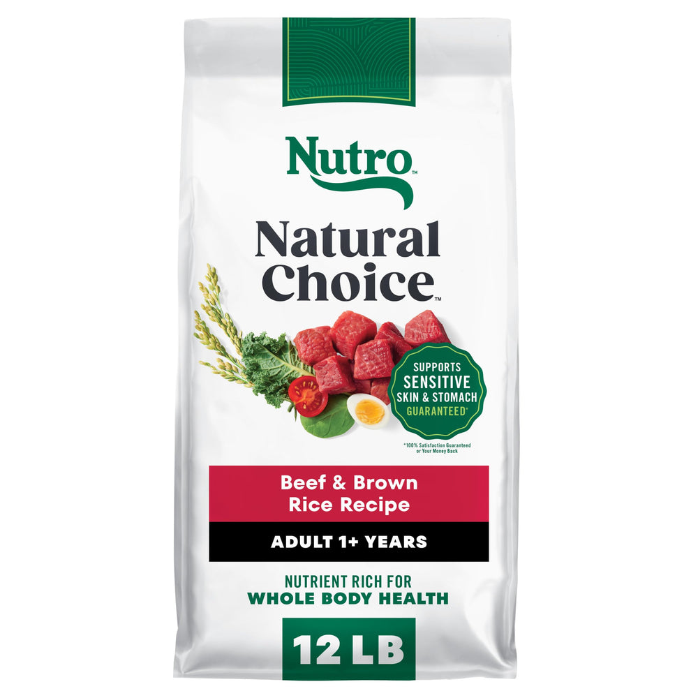 Nutro bolsa frontal Beef & Brown Rice mostrando diseño y beneficios en etiqueta