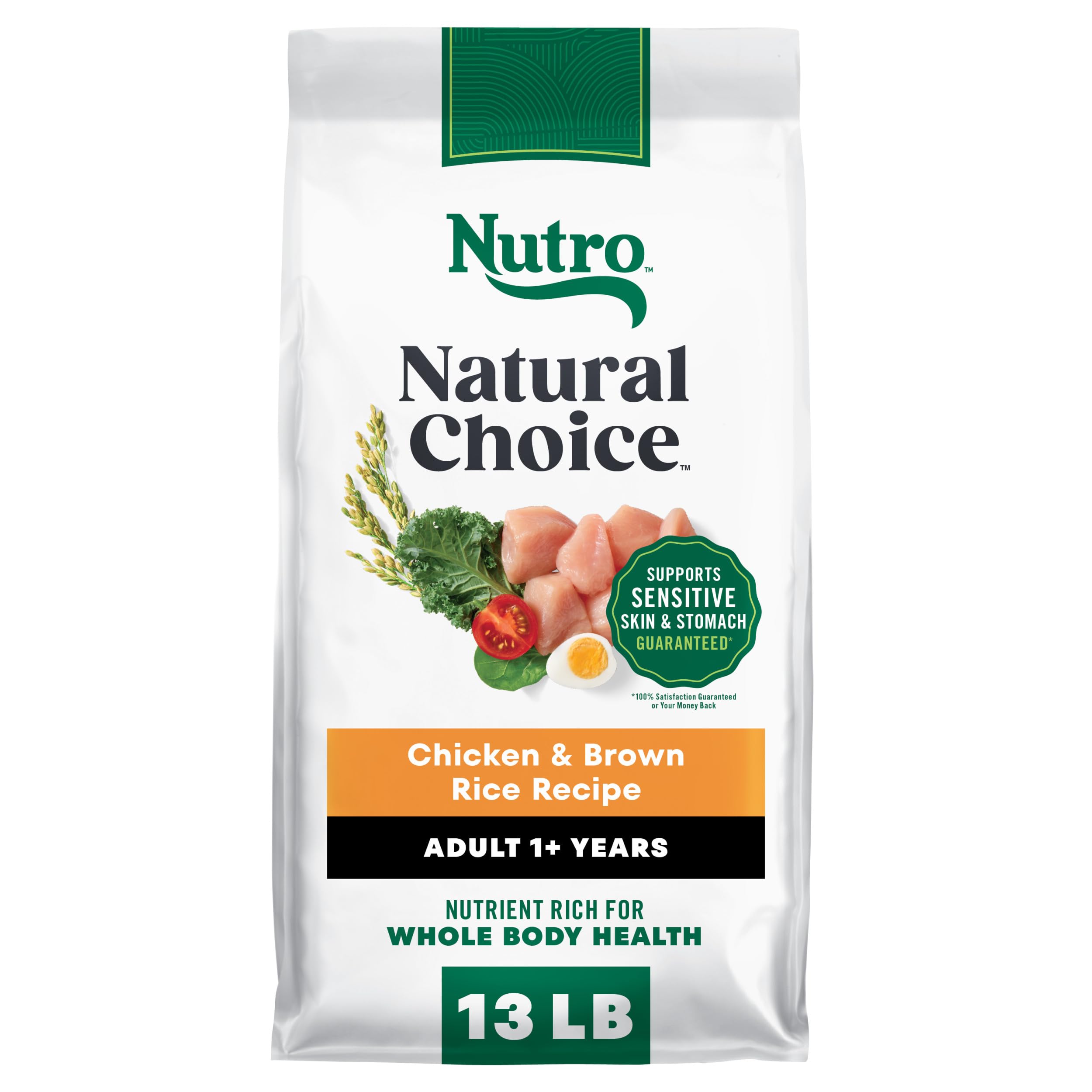 Nutro paquete frontal pollo y arroz integral mostrando marca y beneficio