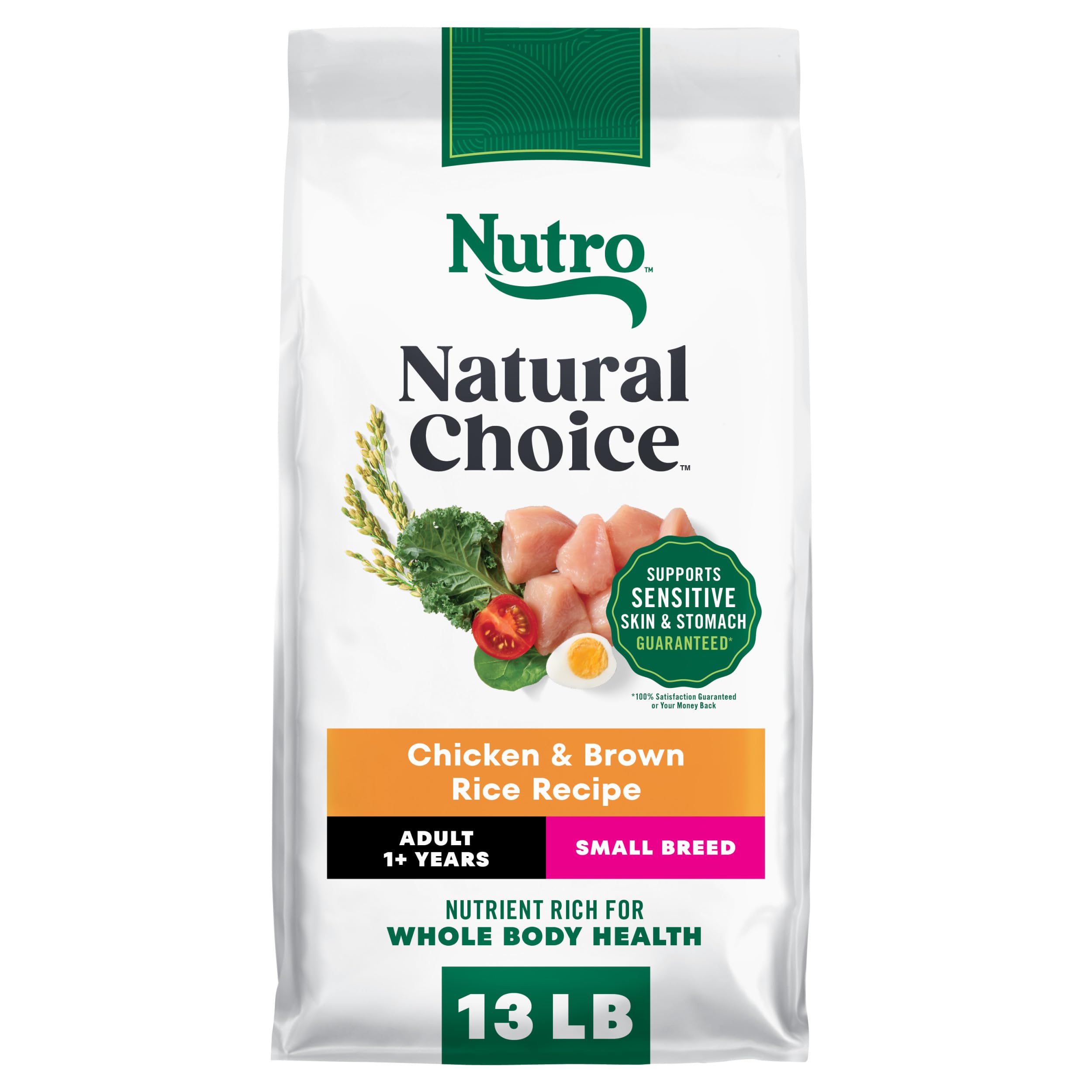 Nutro paquete frente mostrando fórmula small breed y beneficio nutricional