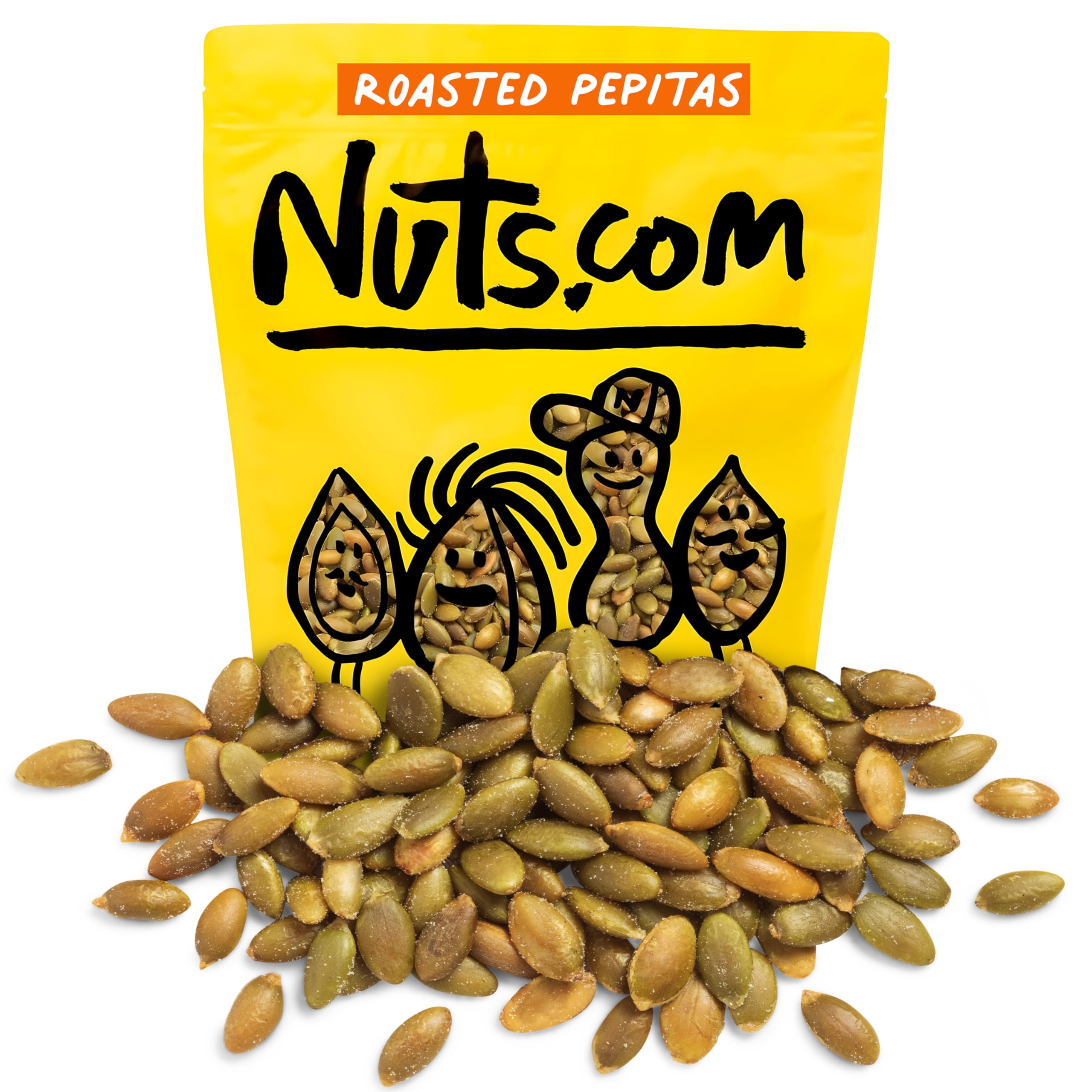 Nuts.com empaque frontal de pepitas tostadas y saladas, práctico para familias