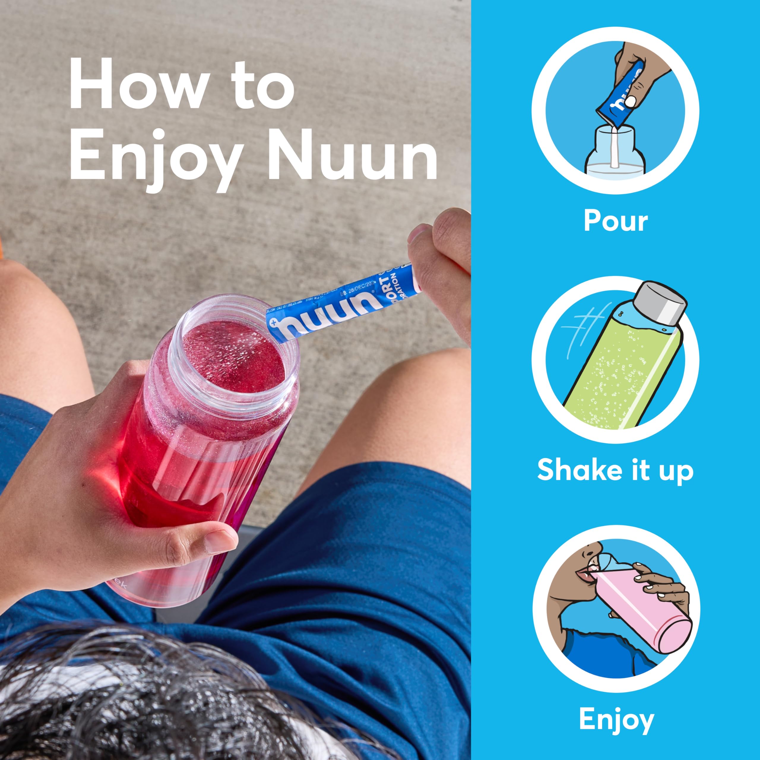 Nuun bebida junto a mochila en sendero, hidratación práctica en exteriores