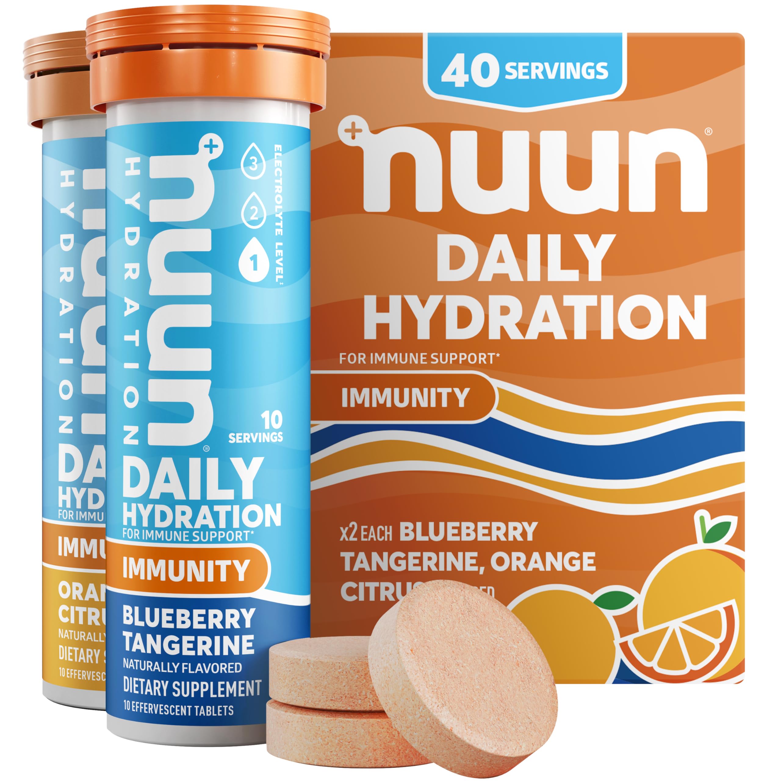 Nuun front packaging showing blueberry tangerine and orange flavors and benefits