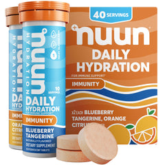 Nuun front packaging showing blueberry tangerine and orange flavors and benefits