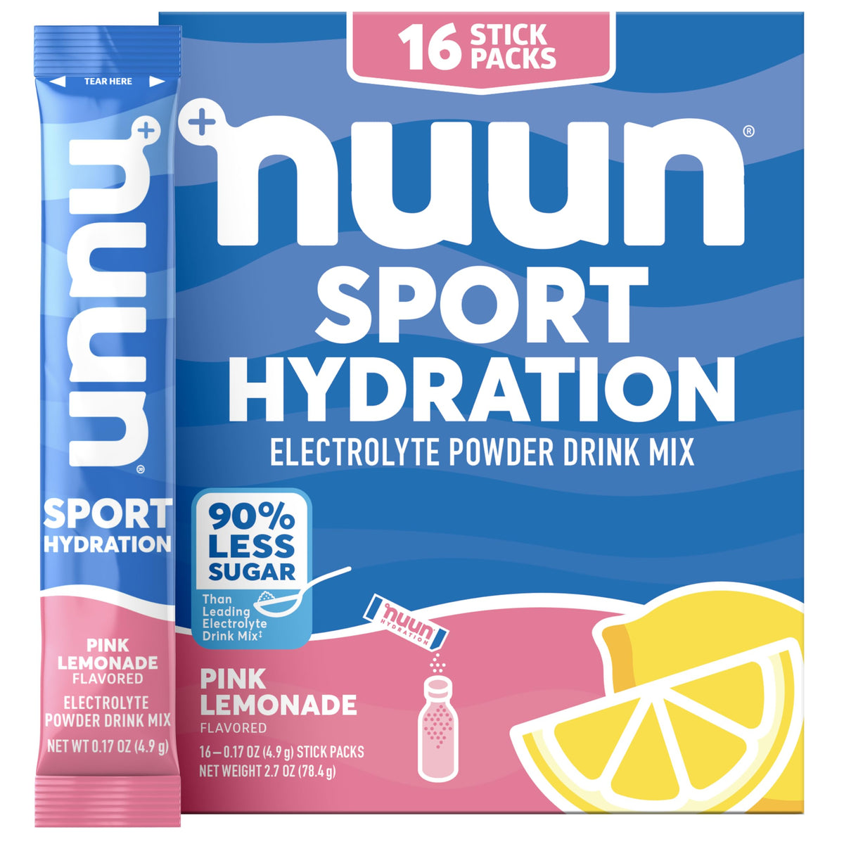Nuun empaque Pink Lemonade mostrando sobres y beneficios de hidratación