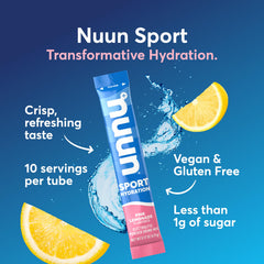Nuun sobre abierto con polvo visible y solubilidad rápida para beber