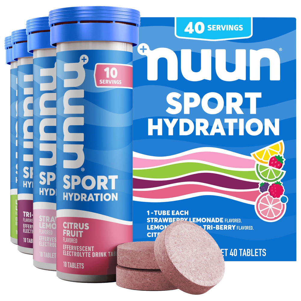 Nuun Sport frontal del pack mostrando los cuatro sabores y beneficio de variedad