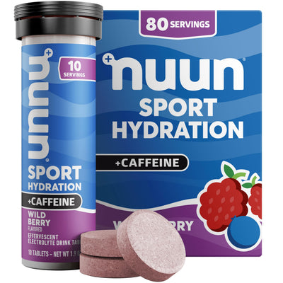 Nuun tubo frontal Wild Berry mostrando el envase y fácil transporte